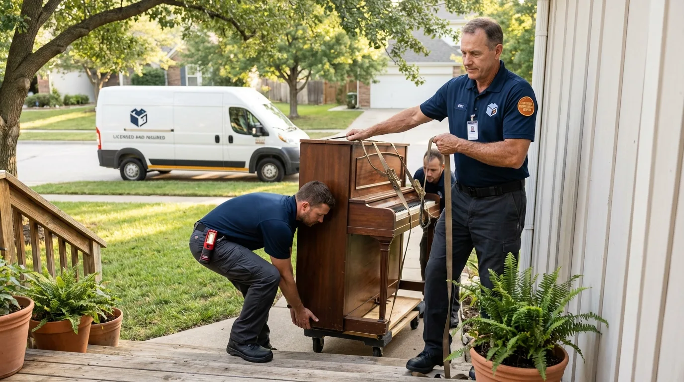 Licensed piano movers securing grand piano in Red Cloud, NE