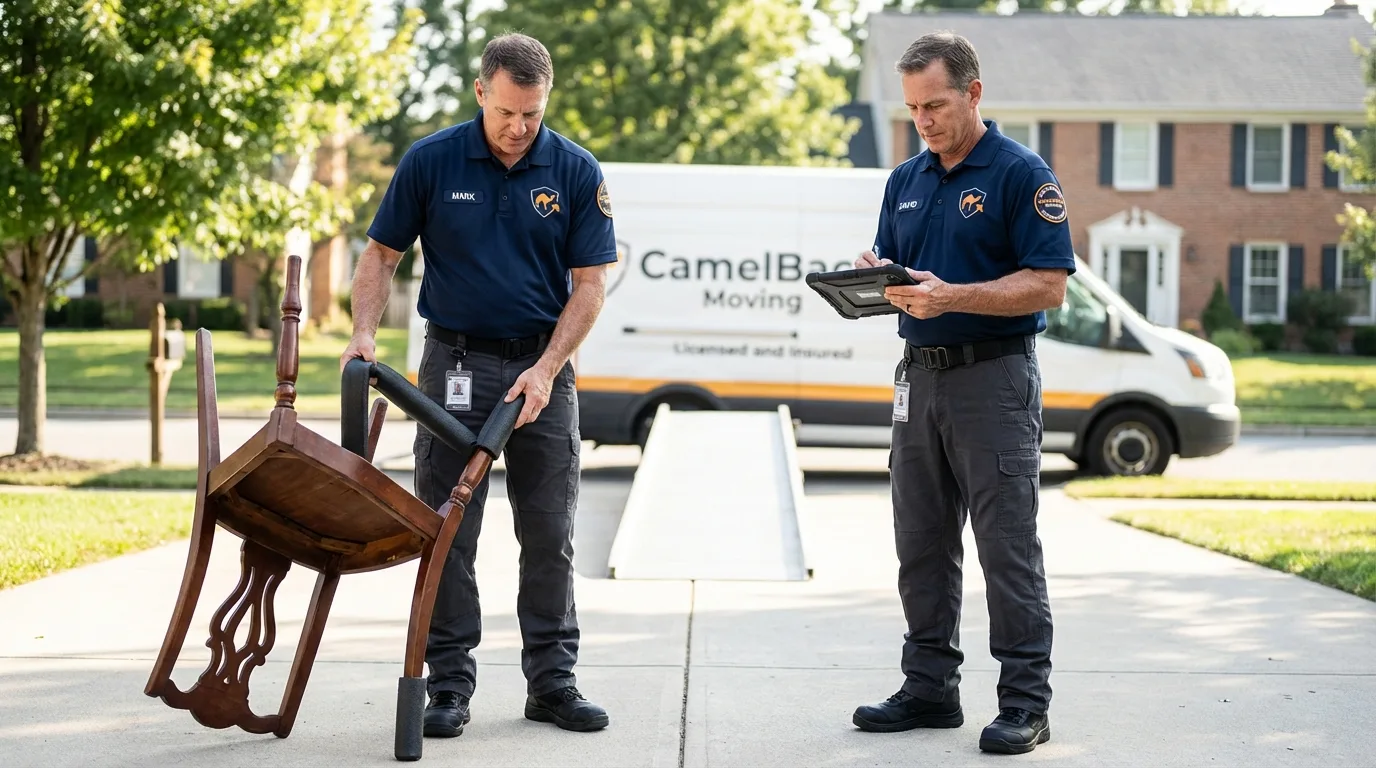 Movers inspecting furniture for damage prevention before loading in Red Cloud, NE